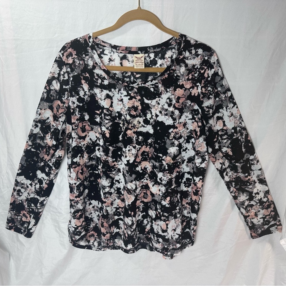 Faded Glory Women's XL Floral Long Sleeve Top Black Gray Blush Casual Work